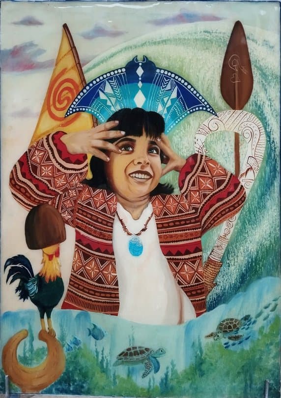 An oil portrait of a joyful child placed within an immersive oceanic scene — set among a stylised wave, a rooster, sea turtles and fish, wearing a patterned garment and a teal pendant.