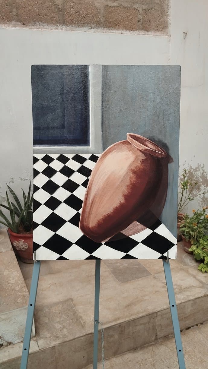 A conceptual still life of a terracotta vessel resting on a high-contrast checkered floor against a grey wall, with a distant door letting a soft light leak into the room.
