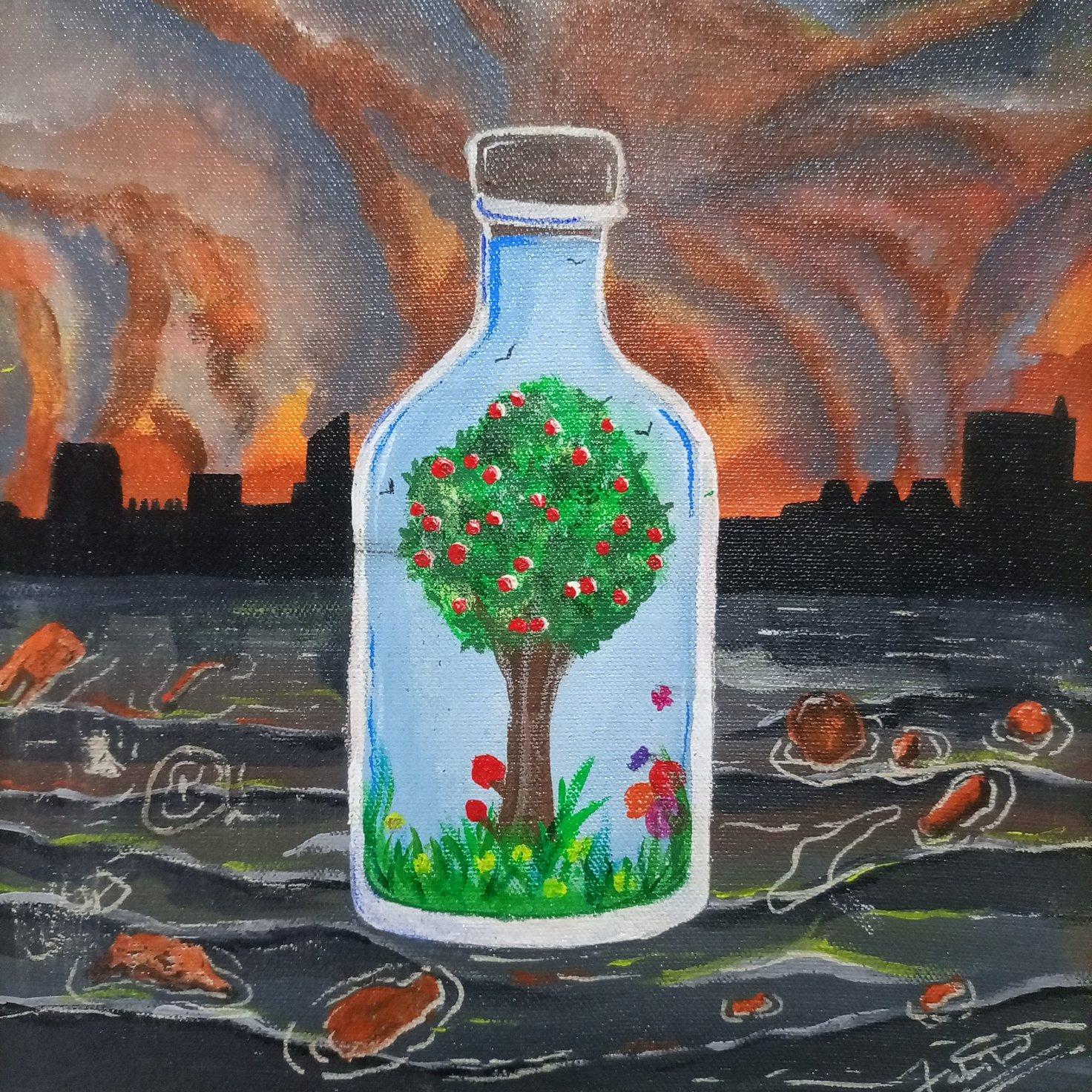 An acrylic painting of a flourishing fruit tree growing inside a clear glass bottle, set against a smog-filled industrial skyline and a shore scattered with debris.