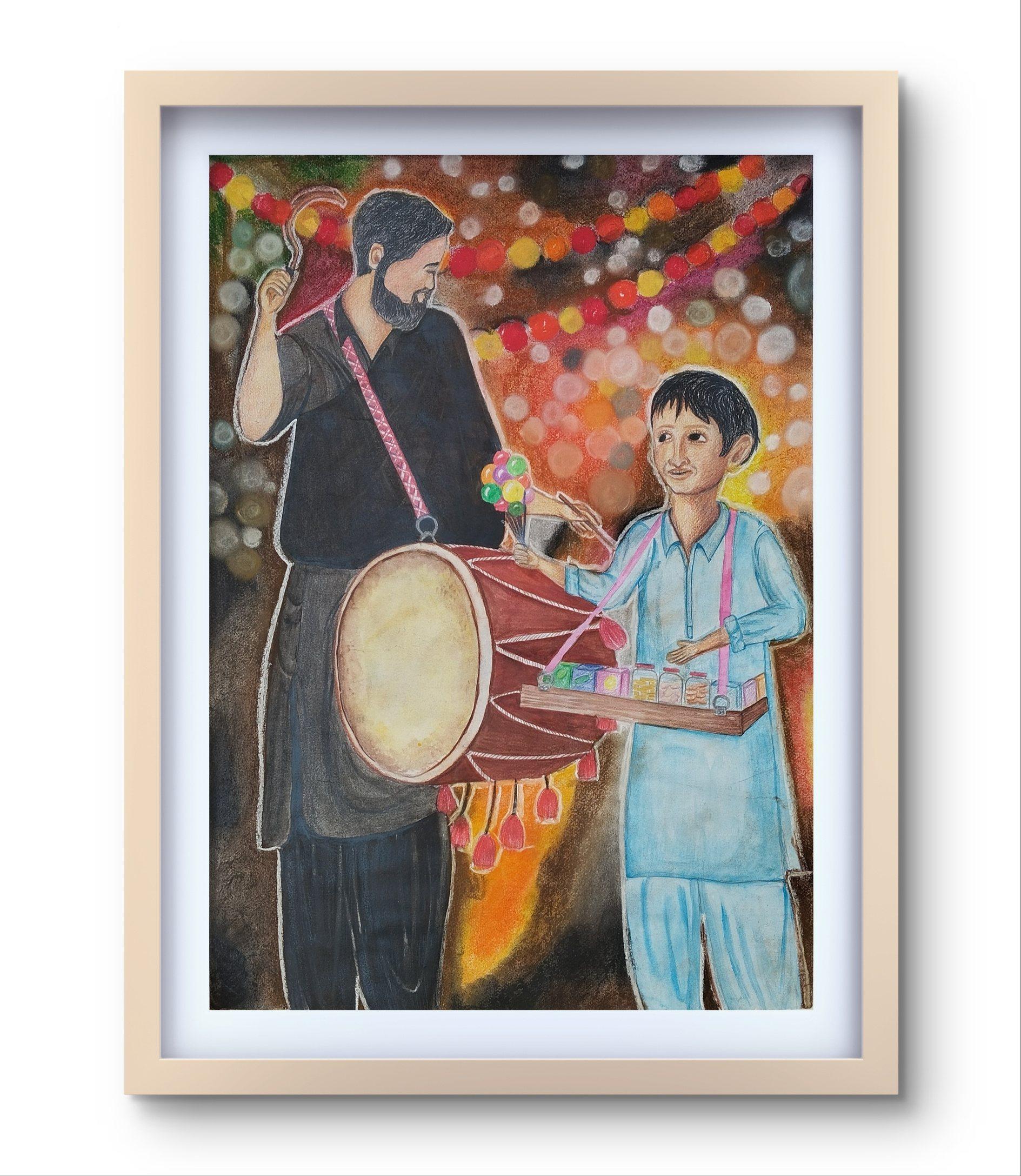 A warmly lit mixed-media painting of a young boy in a sky-blue shalwar kameez holding a tray of candies, brightening as a man beside him plays the dhol beneath strings of festive lights.