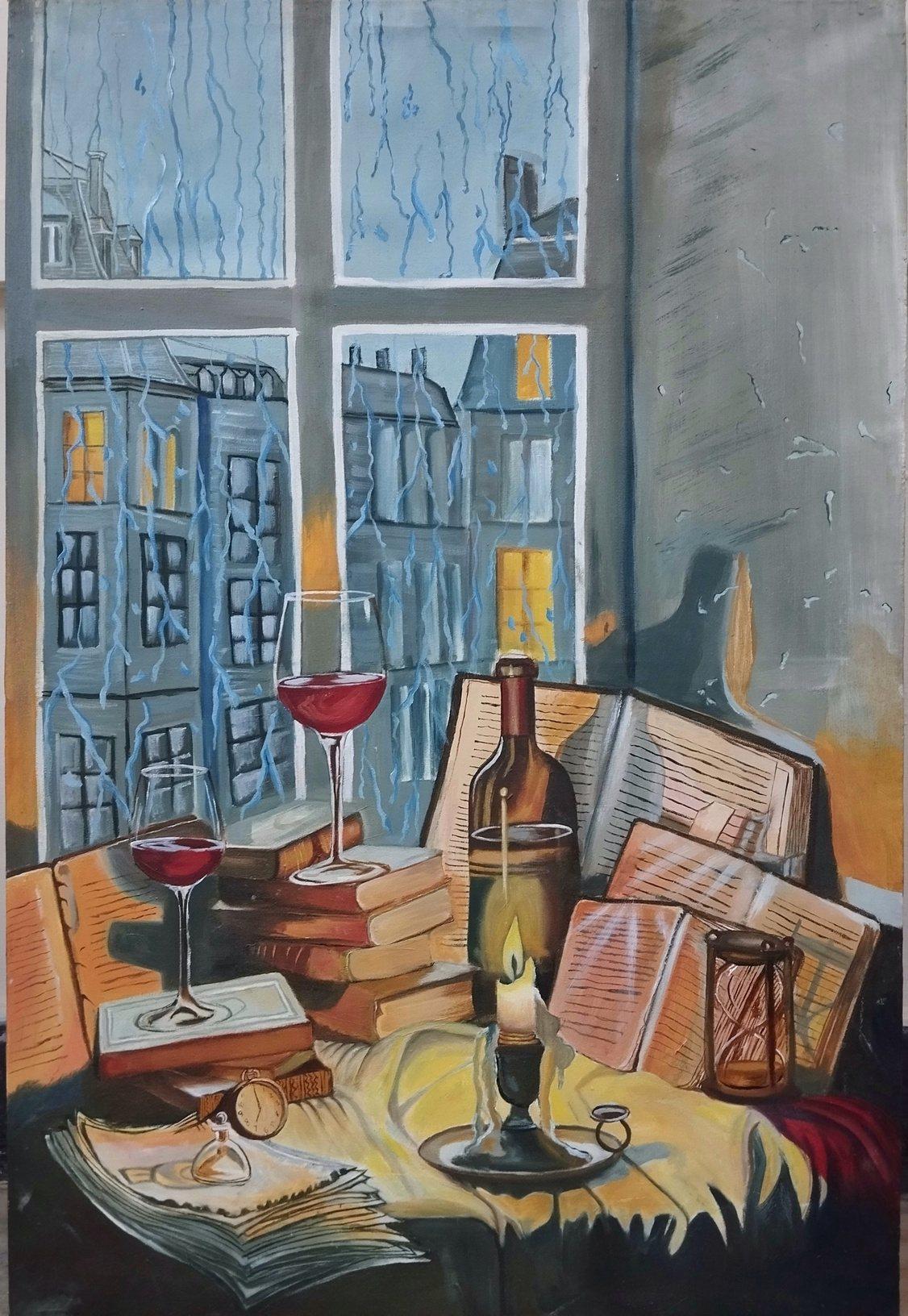 A painterly still life of a candle, glasses of red wine, open books and an hourglass on a draped table, framed by a rain-streaked window looking onto a warmly lit city street.