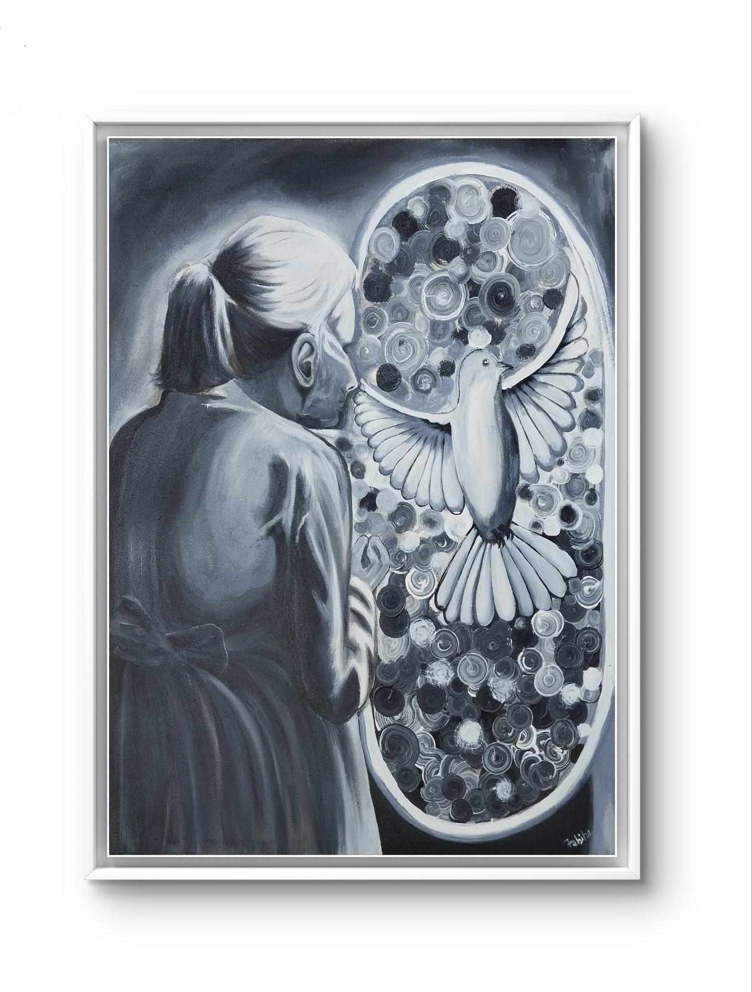 A monochromatic painting of an elderly woman seen from behind, gazing toward a bright oval window where a white bird spreads its wings among swirling circular forms.