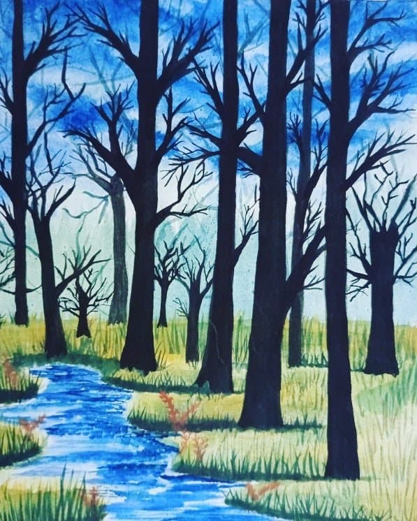 A watercolour of bare, silhouetted trees against a vivid blue sky, with a winding stream cutting through golden grasses.
